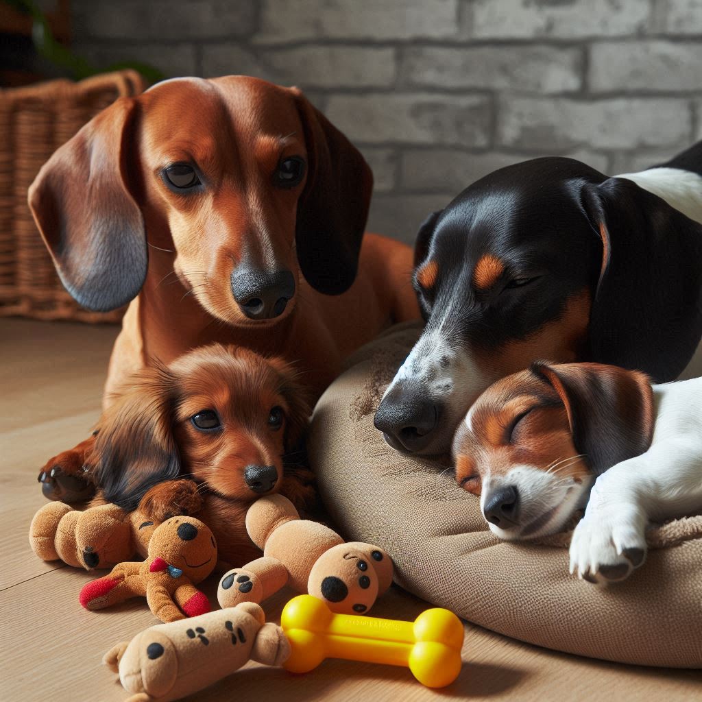 Dachshund, Jack Russell Terrier e Cocker Spaniel interagindo