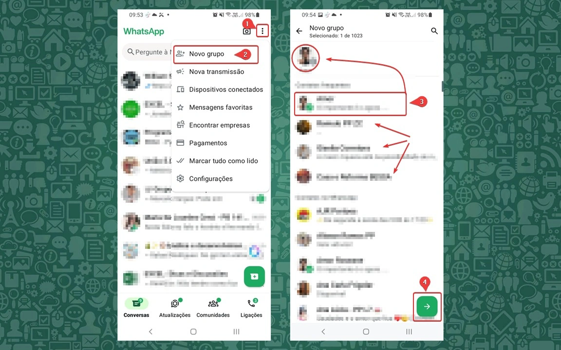 Passo a passo como criar grupo no WhatsApp Android: acessar menu, novo grupo, selecionar usuários e prosseguir