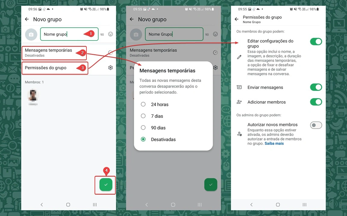 Definir nome, mensagens temporárias, permissões e concluir criação de grupo no WhatsApp