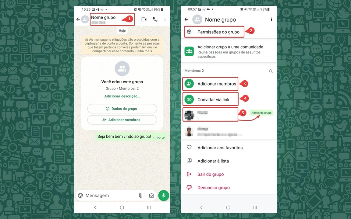 Gerenciar configurações, permissões e membros do grupo no WhatsApp
